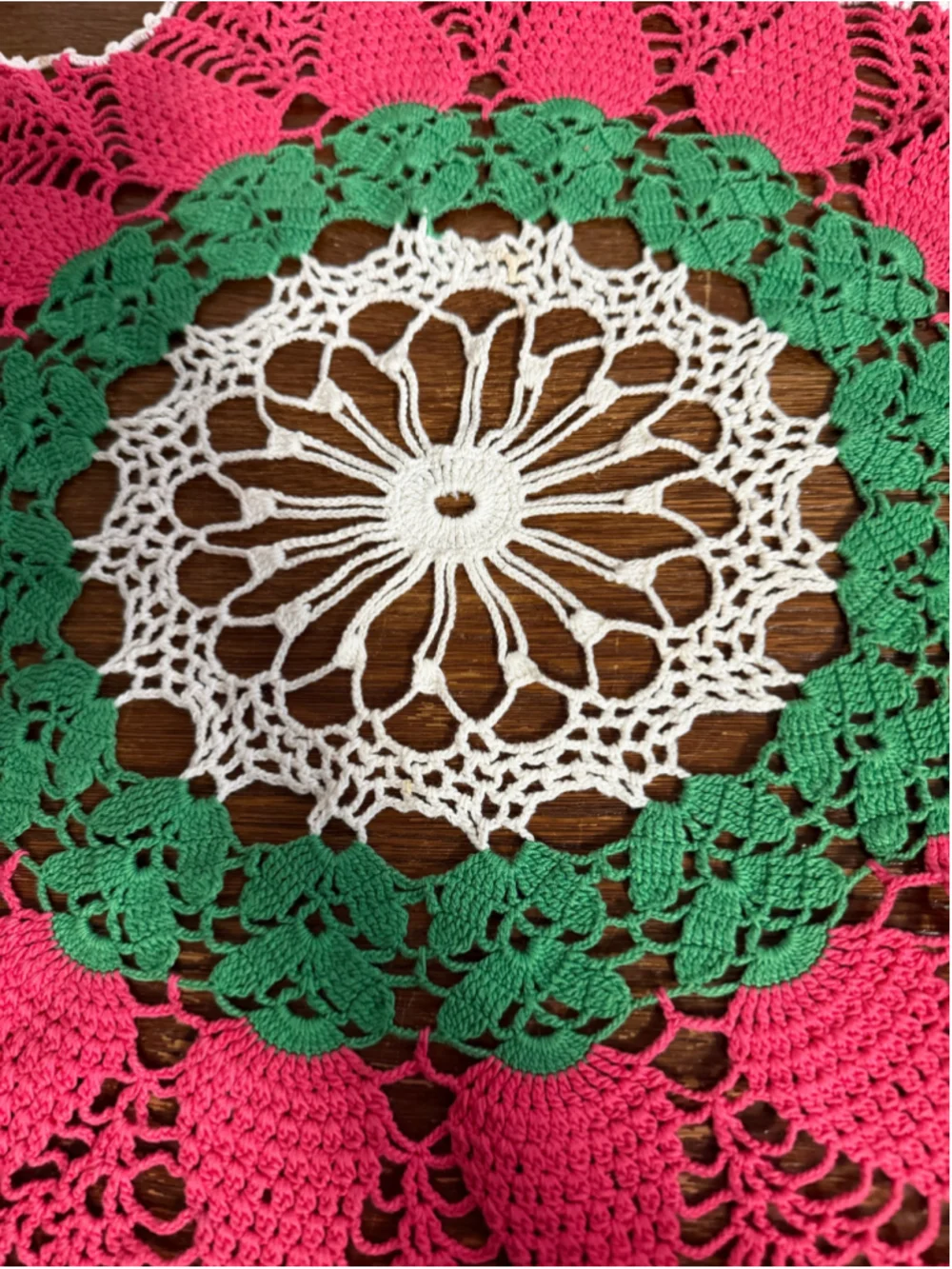 Vintage Handmade Crochet Doily 18” Pink Green White Pineapple Floral Table Toppe